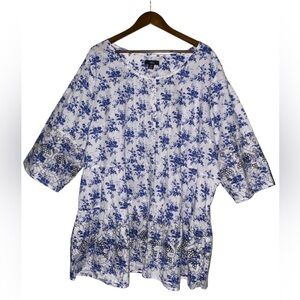 Ellos Tiered‎ Blue Floral 3/4 Sleeve Button Up Tunic Dress Size 2x Relaxed Fit